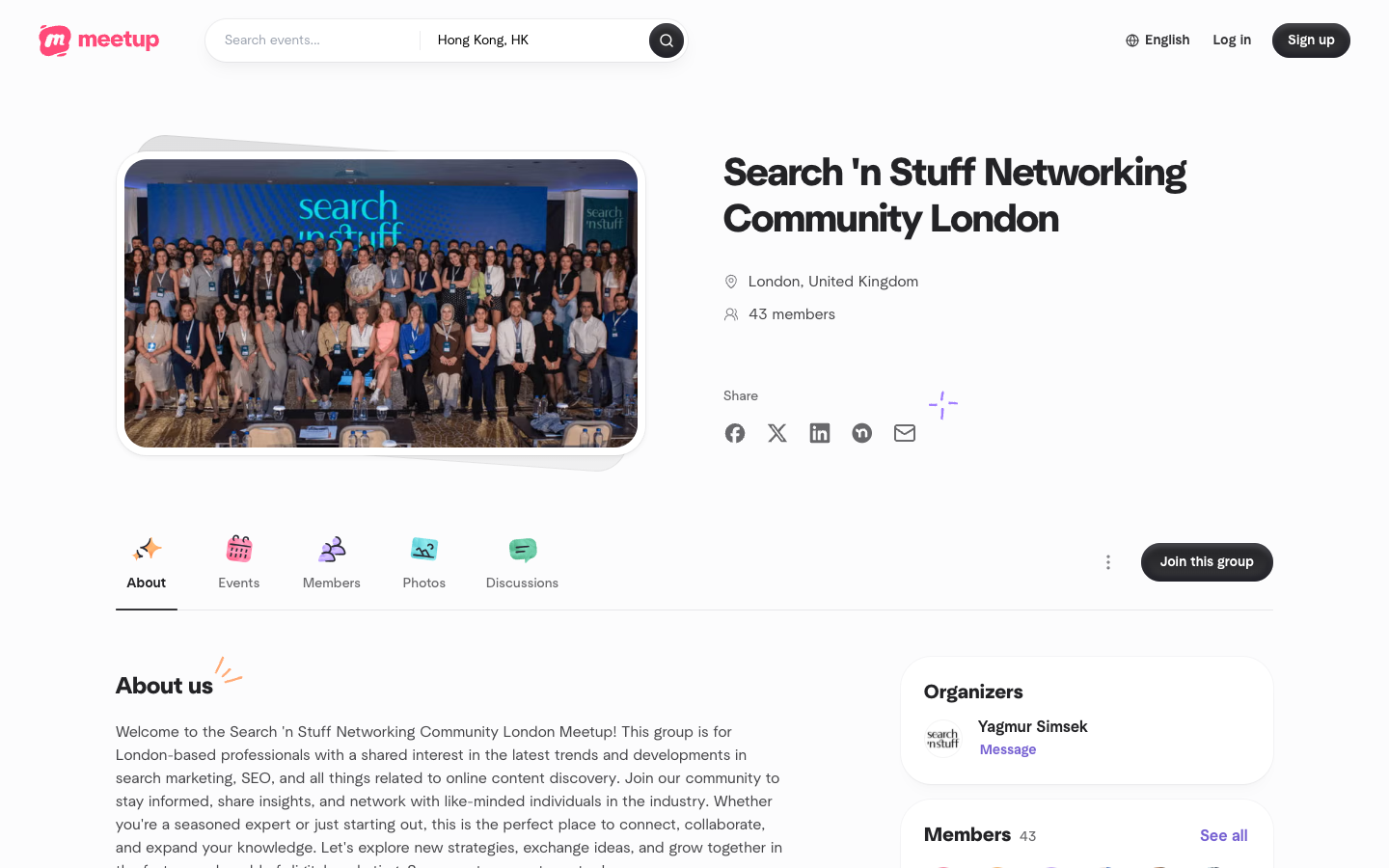 Official Search 'n Stuff Meetup page showing its public London community profile