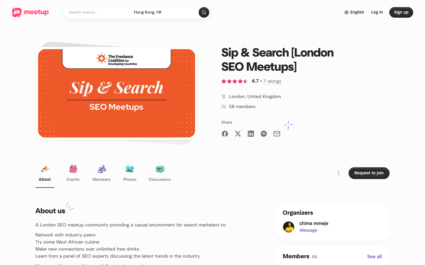 Official Sip and Search Meetup page showing the public community overview
