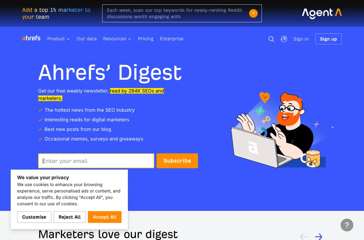 Ahrefs Digest public newsletter page showing weekly SEO industry reads