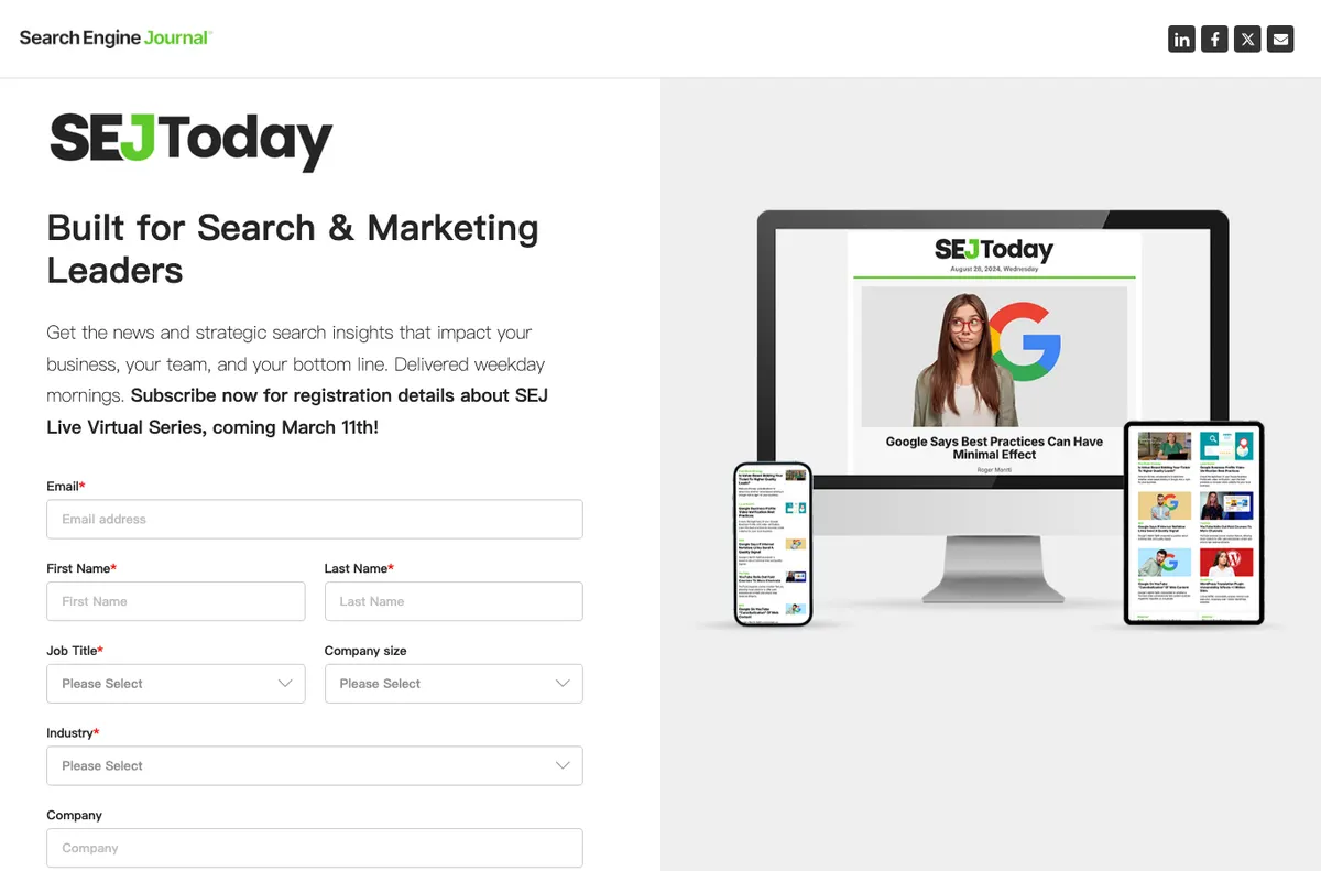 Search Engine Journal public SEJ Today page showing weekday search and marketing insights