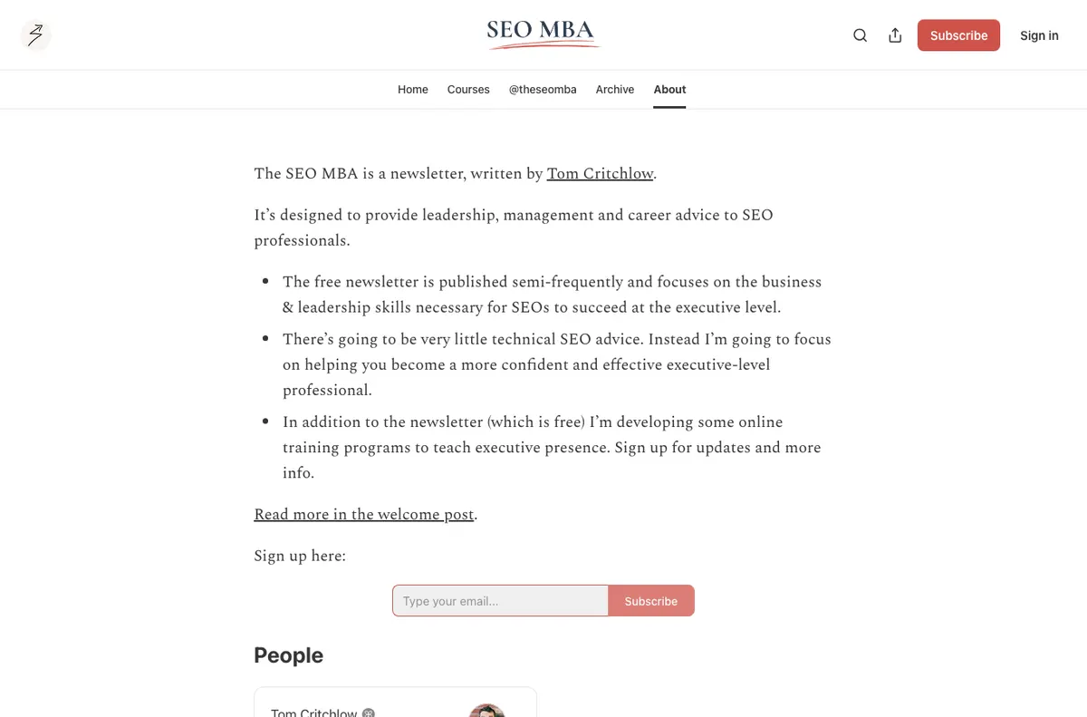 The SEO MBA public about page showing leadership and career advice for SEO professionals