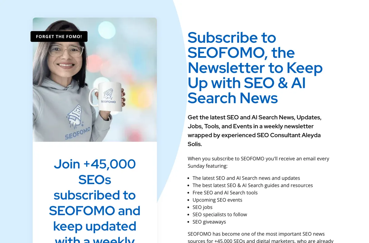 SEOFOMO public newsletter page showing SEO and AI search update coverage