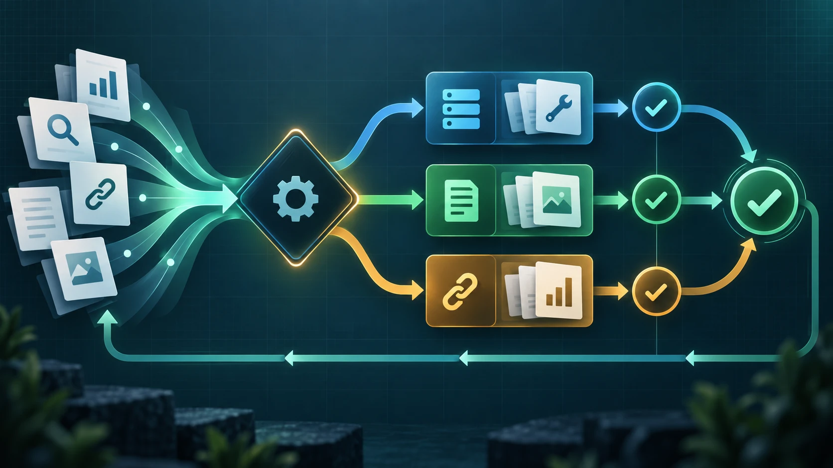 SEO decision handoff showing evidence entering a central prioritization gate and leaving as technical, page, and authority action paths that reconnect to validation