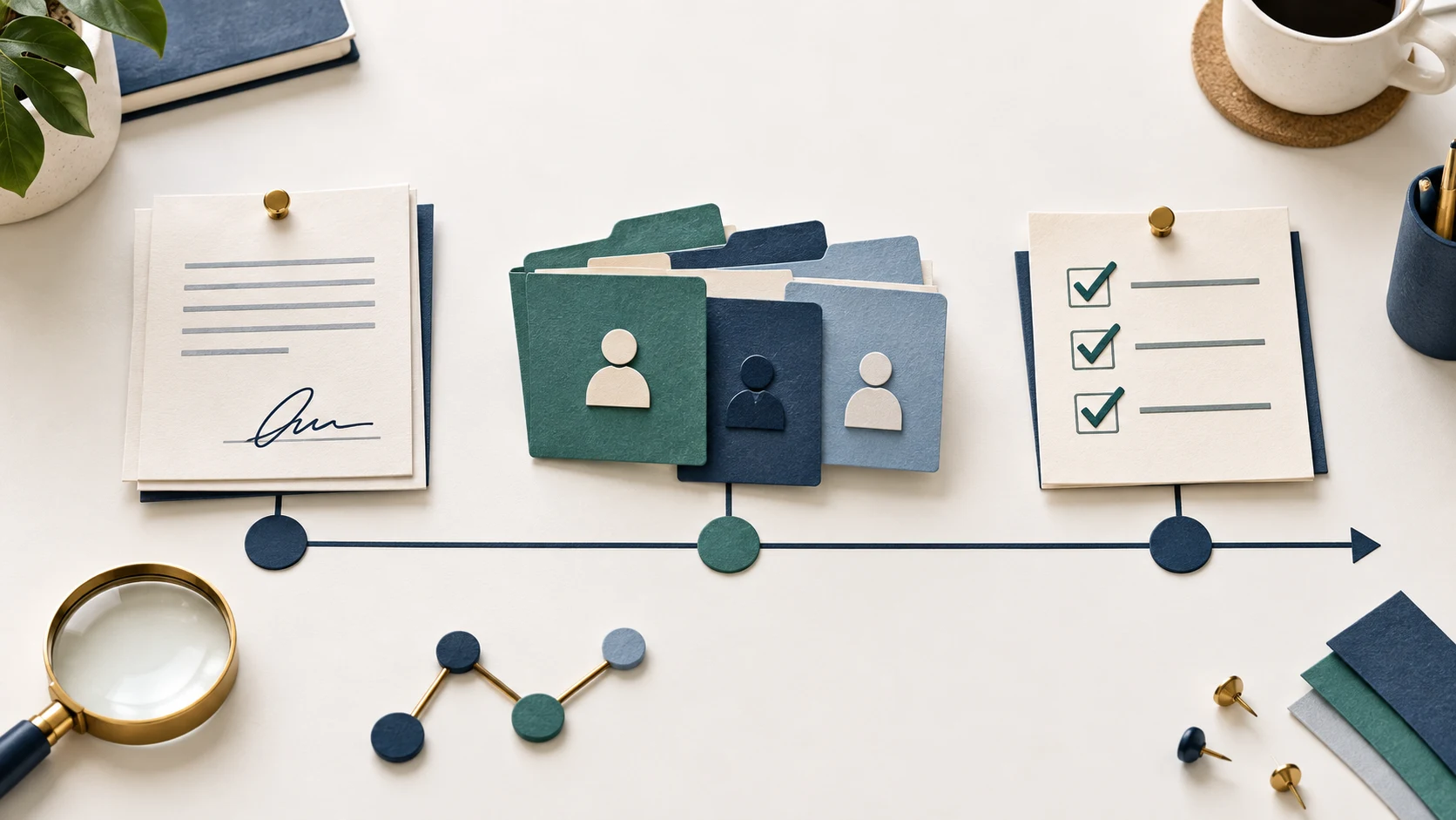 Paper roadmap showing an SEO proposal becoming assigned work and a validation checklist