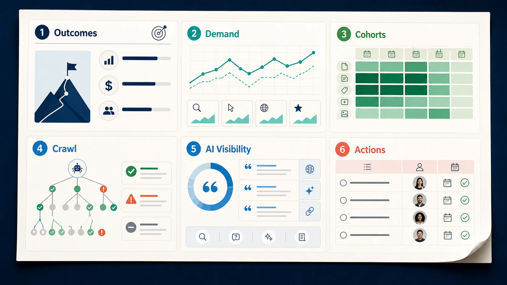 Anatomy of an SEO report template with outcomes, demand, cohorts, crawl health, AI visibility, and actions