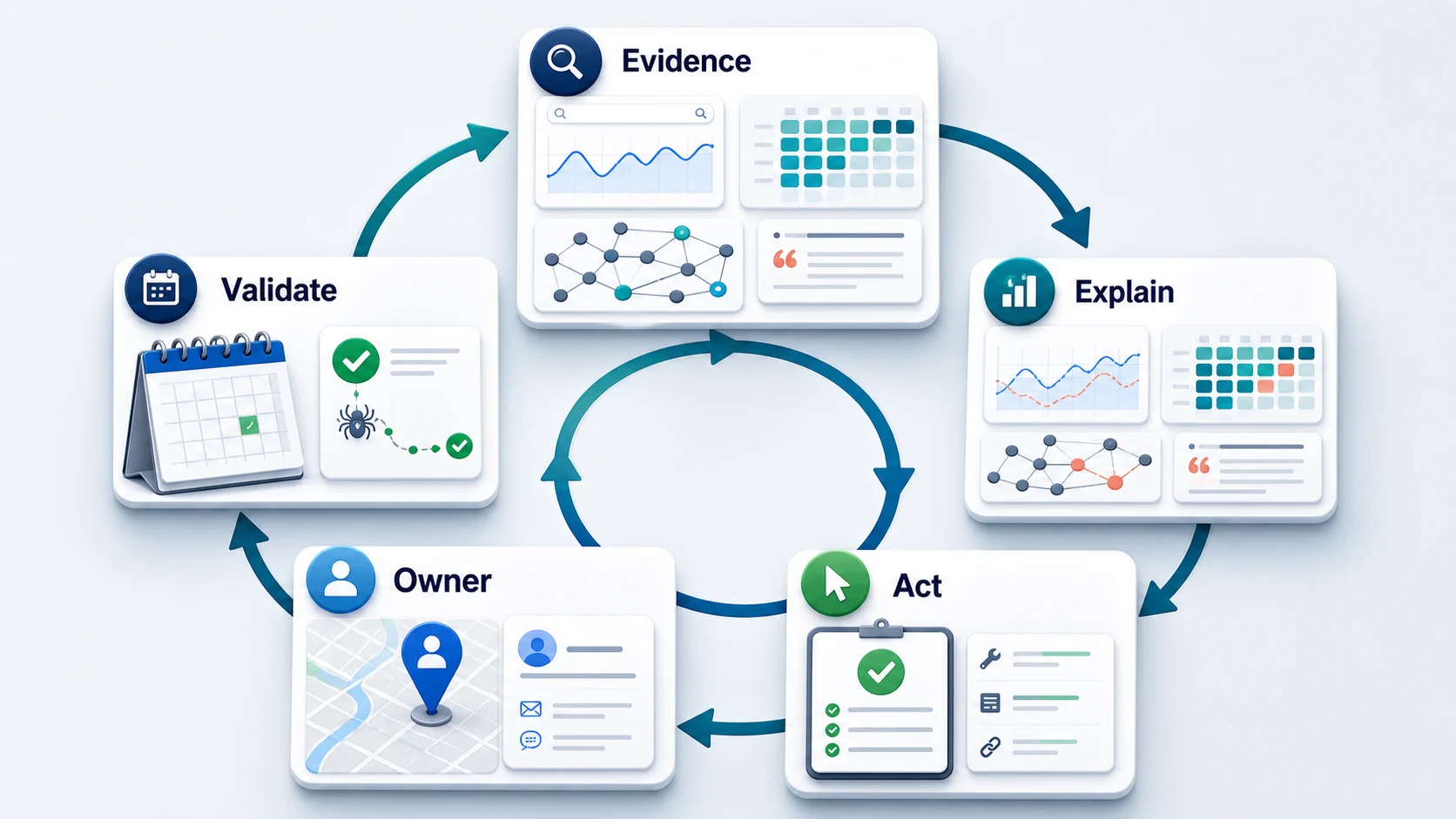 SEO reporting loop from evidence and explanation to action, ownership, and validation