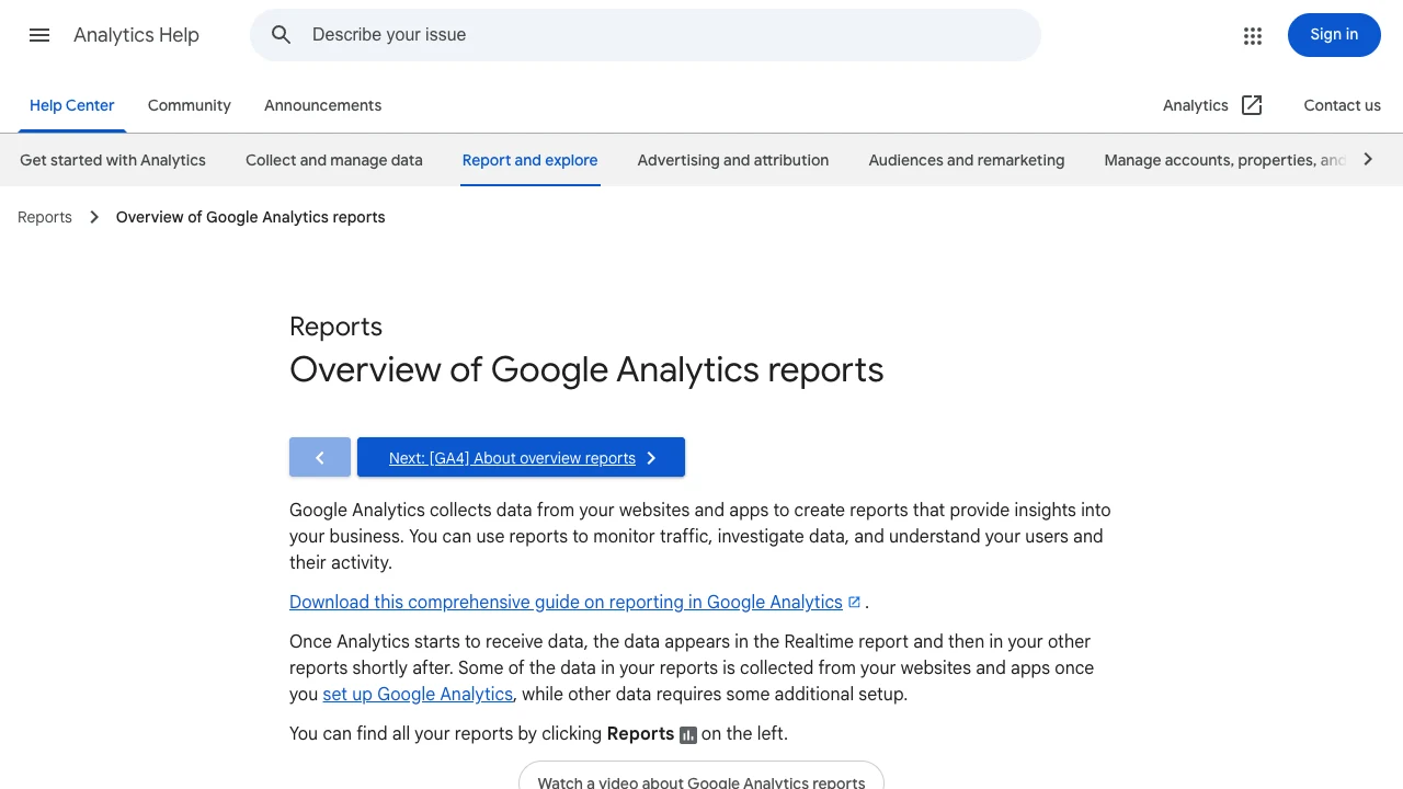 Google Analytics help page describing overview and detail reports for website and app data