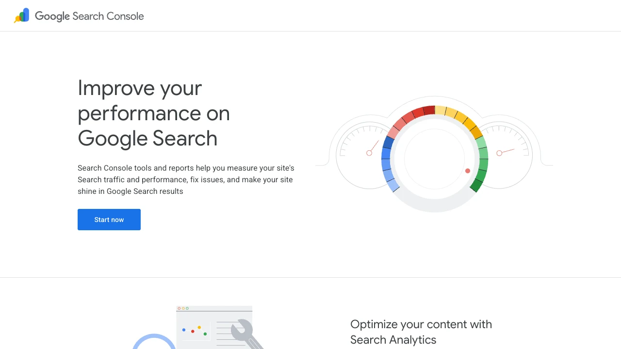 Google Search Console public page showing search performance, indexing, and issue-monitoring capabilities