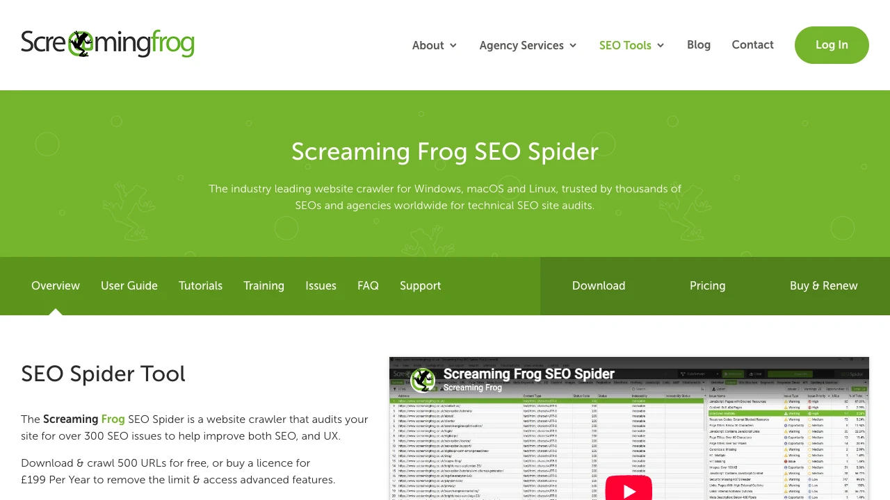 Screaming Frog SEO Spider public product page for technical SEO crawling and audit evidence