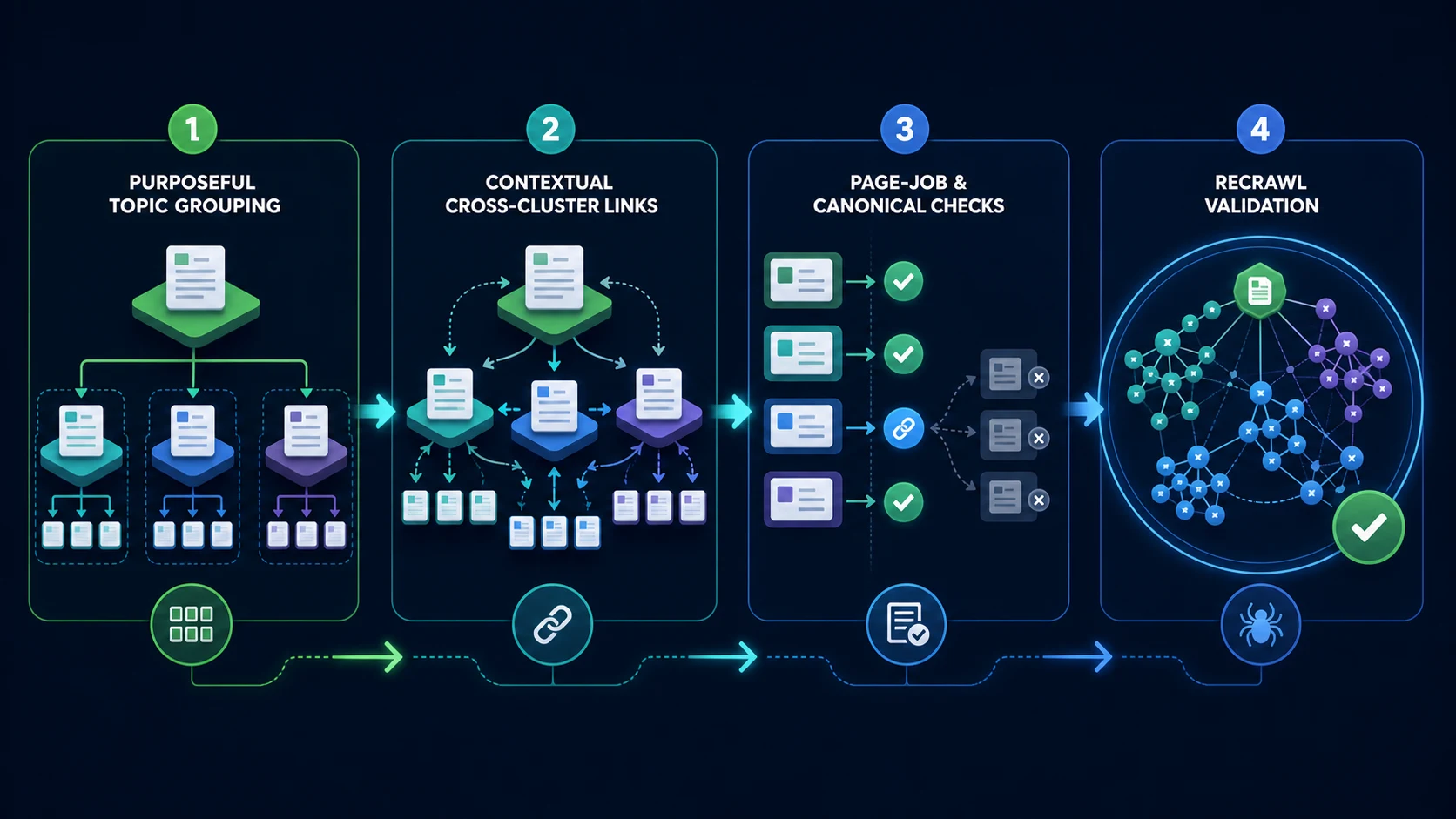 Workflow replacing rigid SEO silos with purposeful grouping, contextual links, page checks, and recrawl validation
