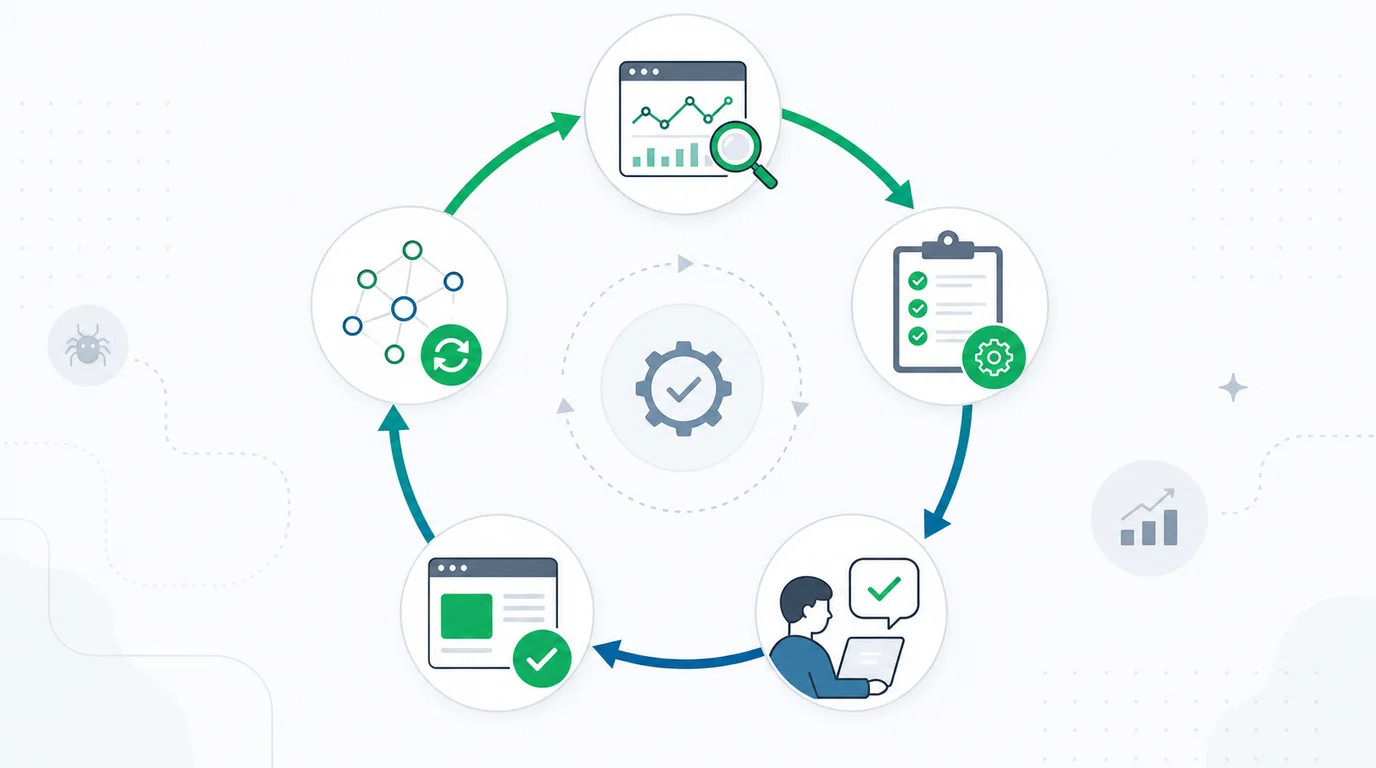 SEO SOP validation loop from baseline evidence to execution, owner review, shipped change, and measured recheck