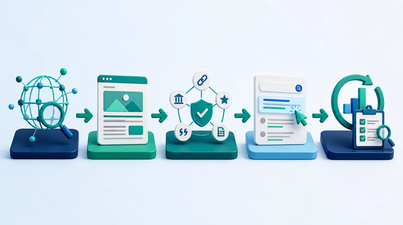 Five-stage SEO bottleneck map from discovery to validation