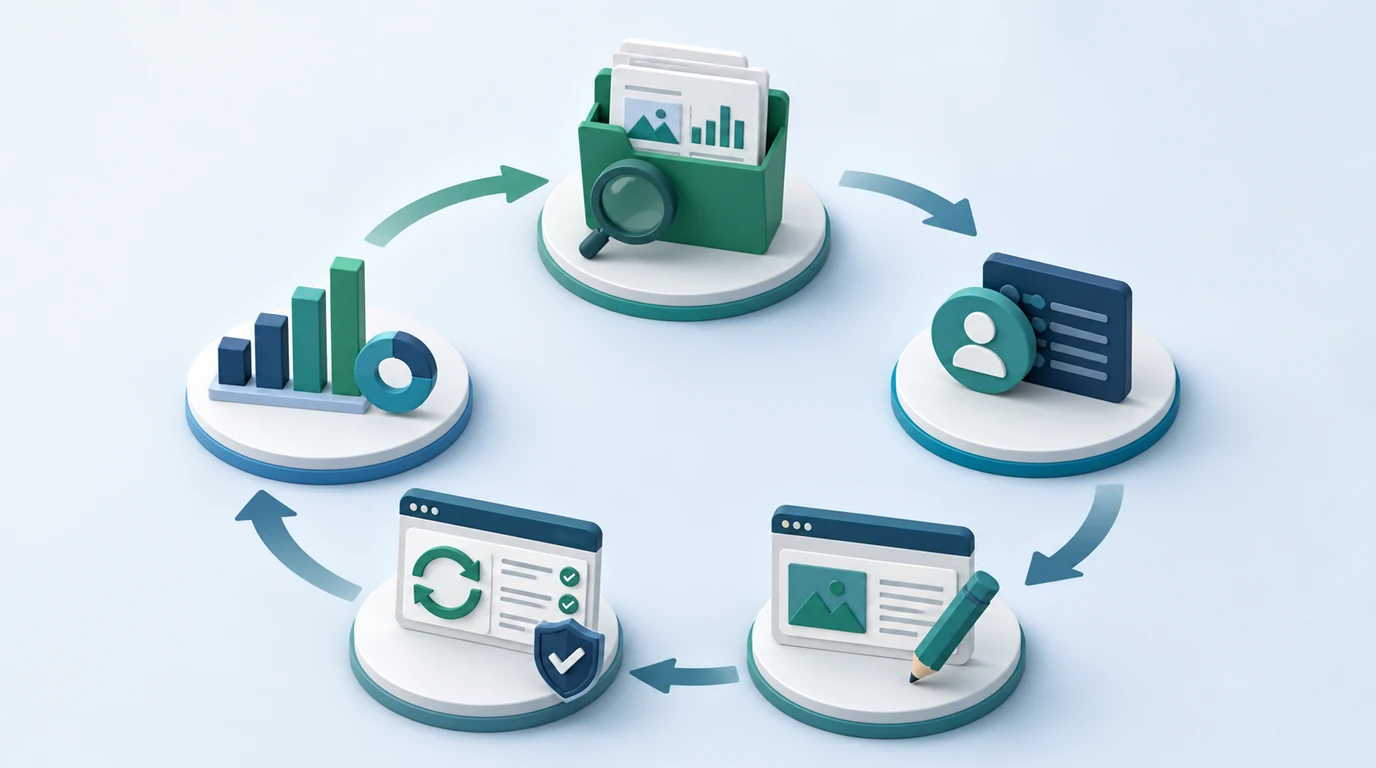 SEO experiment loop connecting evidence, ownership, changes, and validation