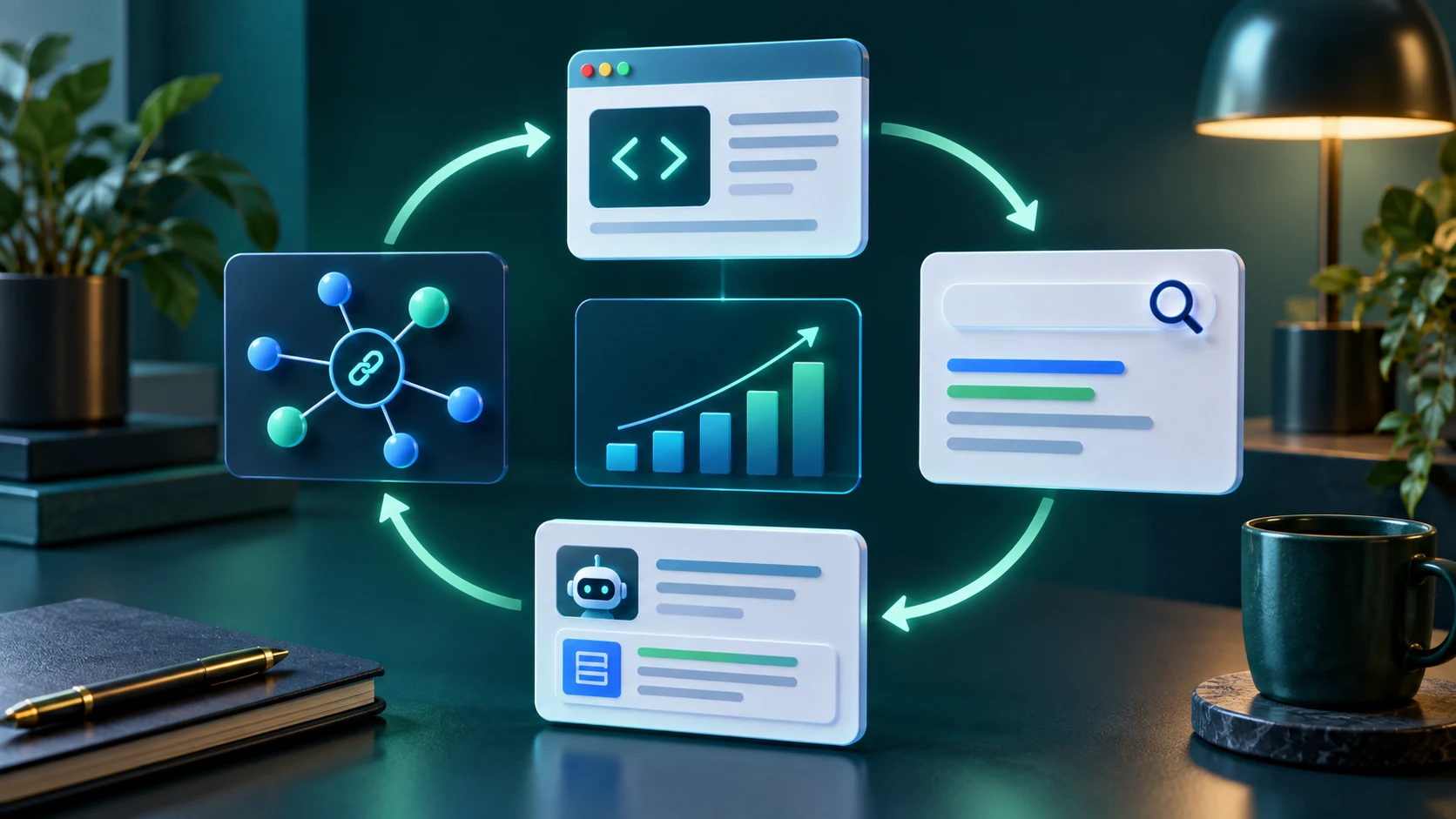 SEO validation loop connecting rendered page, internal link graph, search result evidence, AI source evidence, and measured review