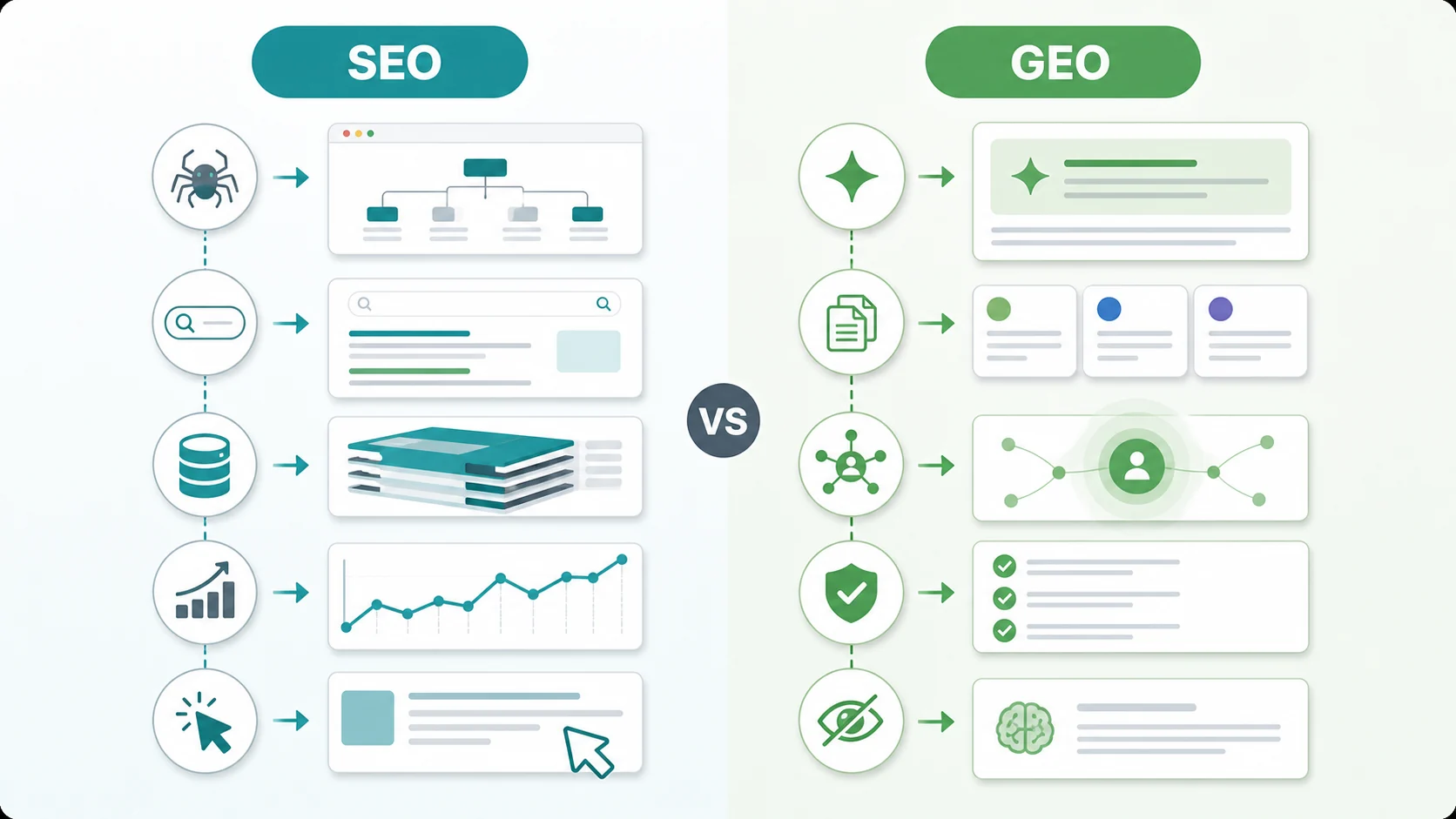 SEO and GEO comparison map showing search, crawl, index, citation, source, and brand mention signals