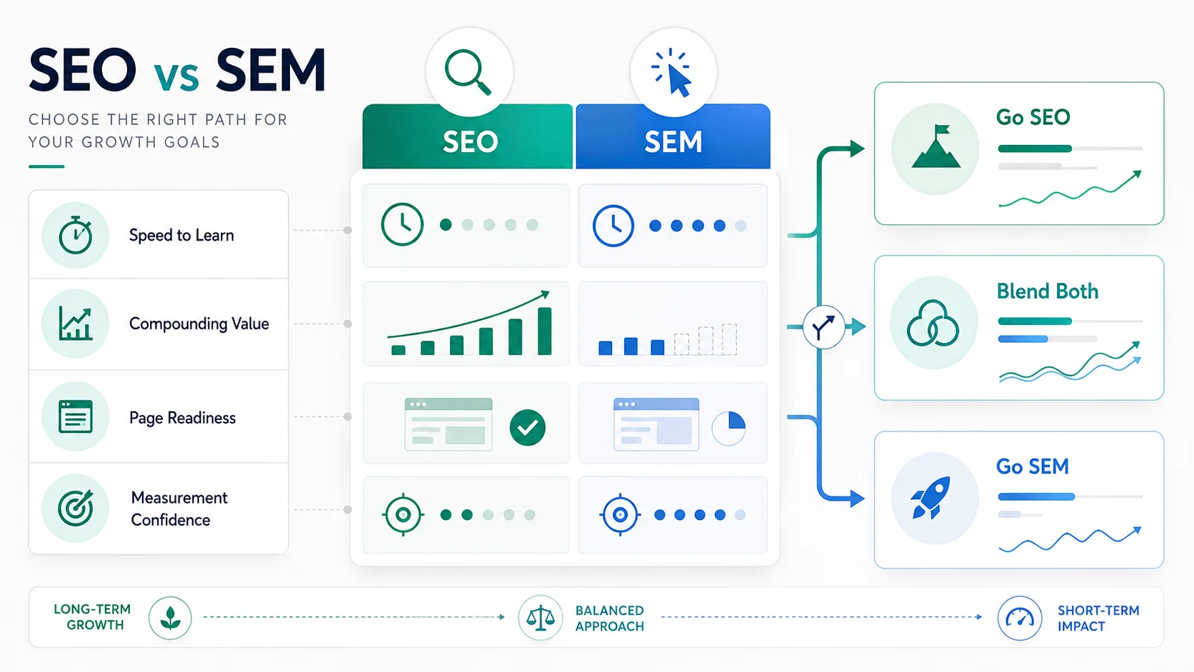 SEO vs SEM decision matrix comparing speed, compounding value, page readiness, and measurement confidence