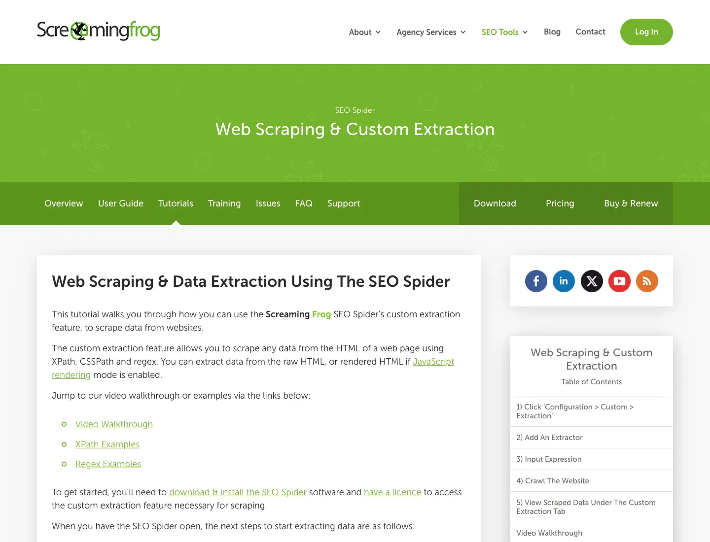 Official Screaming Frog tutorial page showing the web scraping and custom extraction workflow