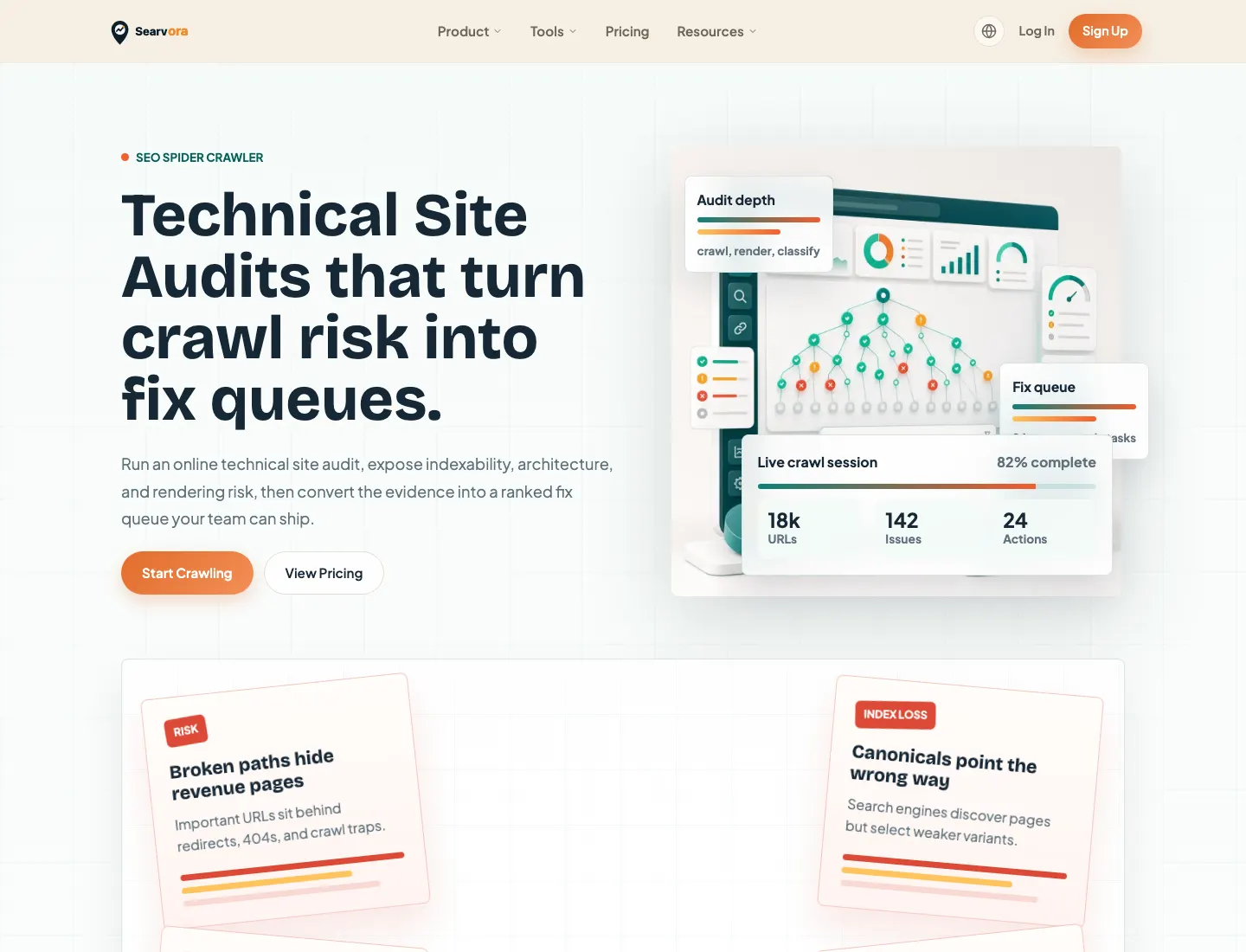 Searvora SEO Spider Crawler page showing crawl risk converted into fix queues