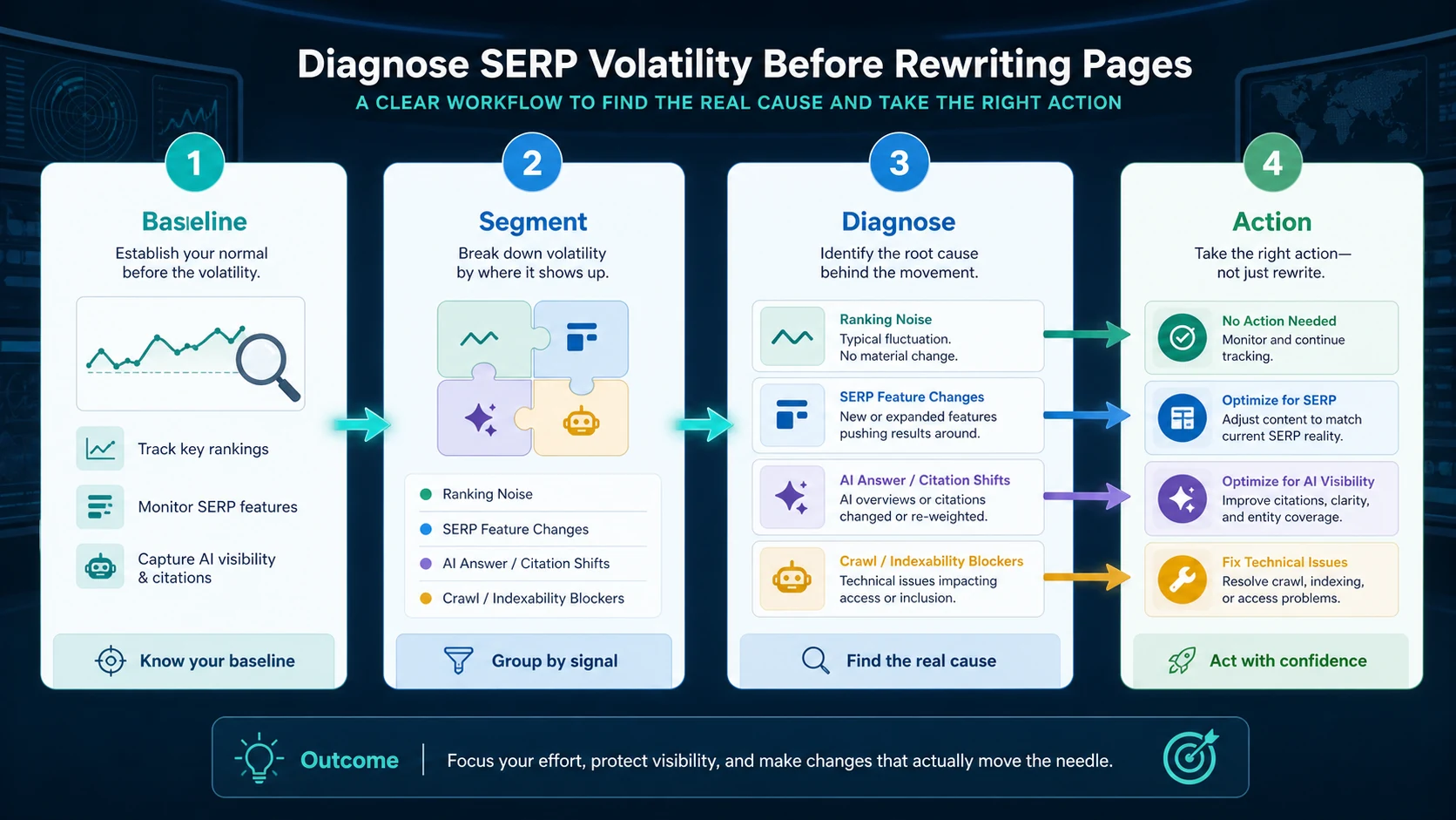 Workflow for diagnosing SERP volatility through baseline, segmentation, diagnosis, and action