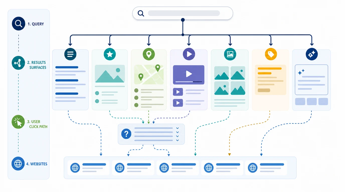 Modern SERP surfaces branching from one query into different click paths and websites