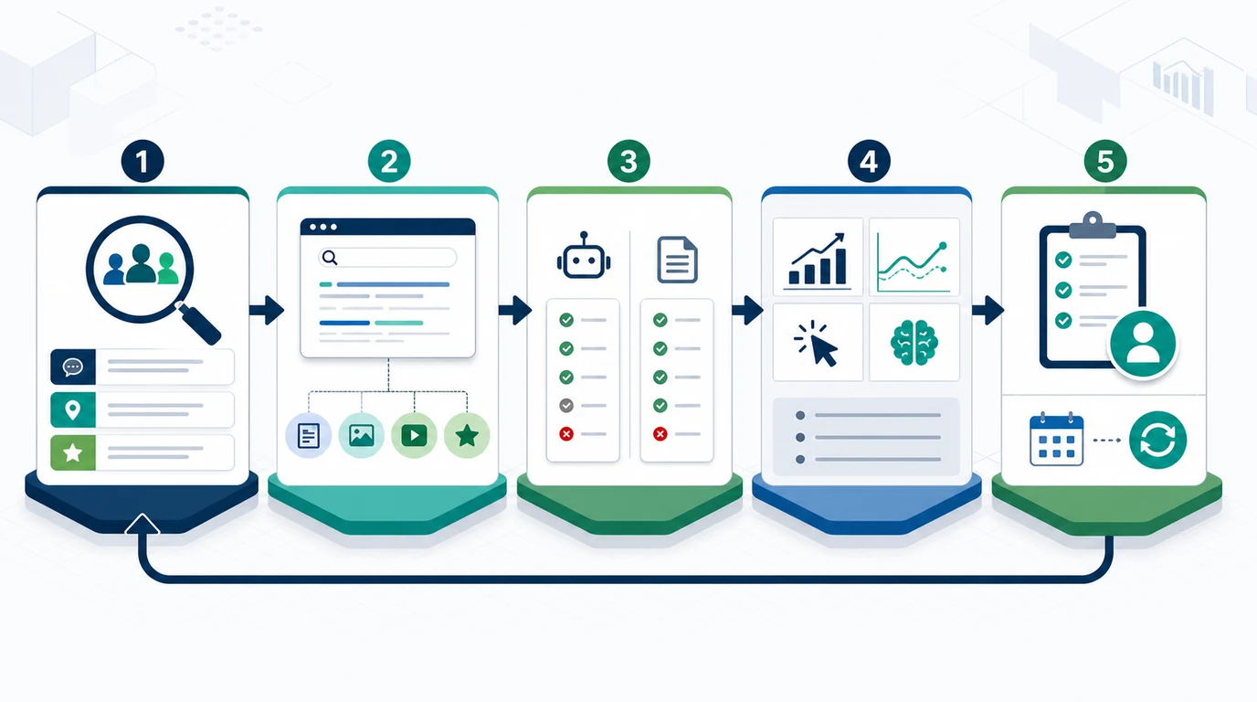 Five-stage SERP evidence loop from query cohort and result capture to eligibility checks, diagnosis, action, and recheck