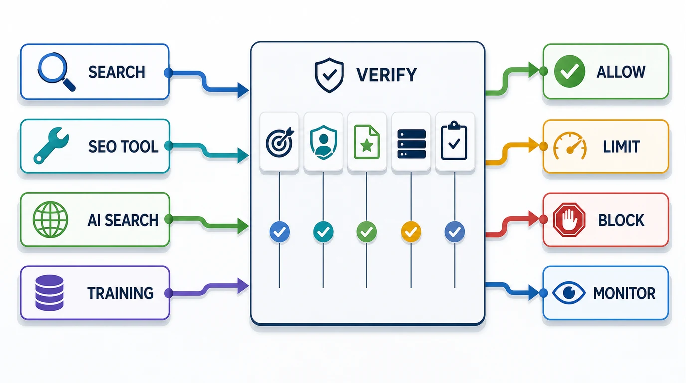 Decision matrix routing search, SEO-tool, AI-search, and training crawlers through verification to allow, limit, block, or monitor outcomes