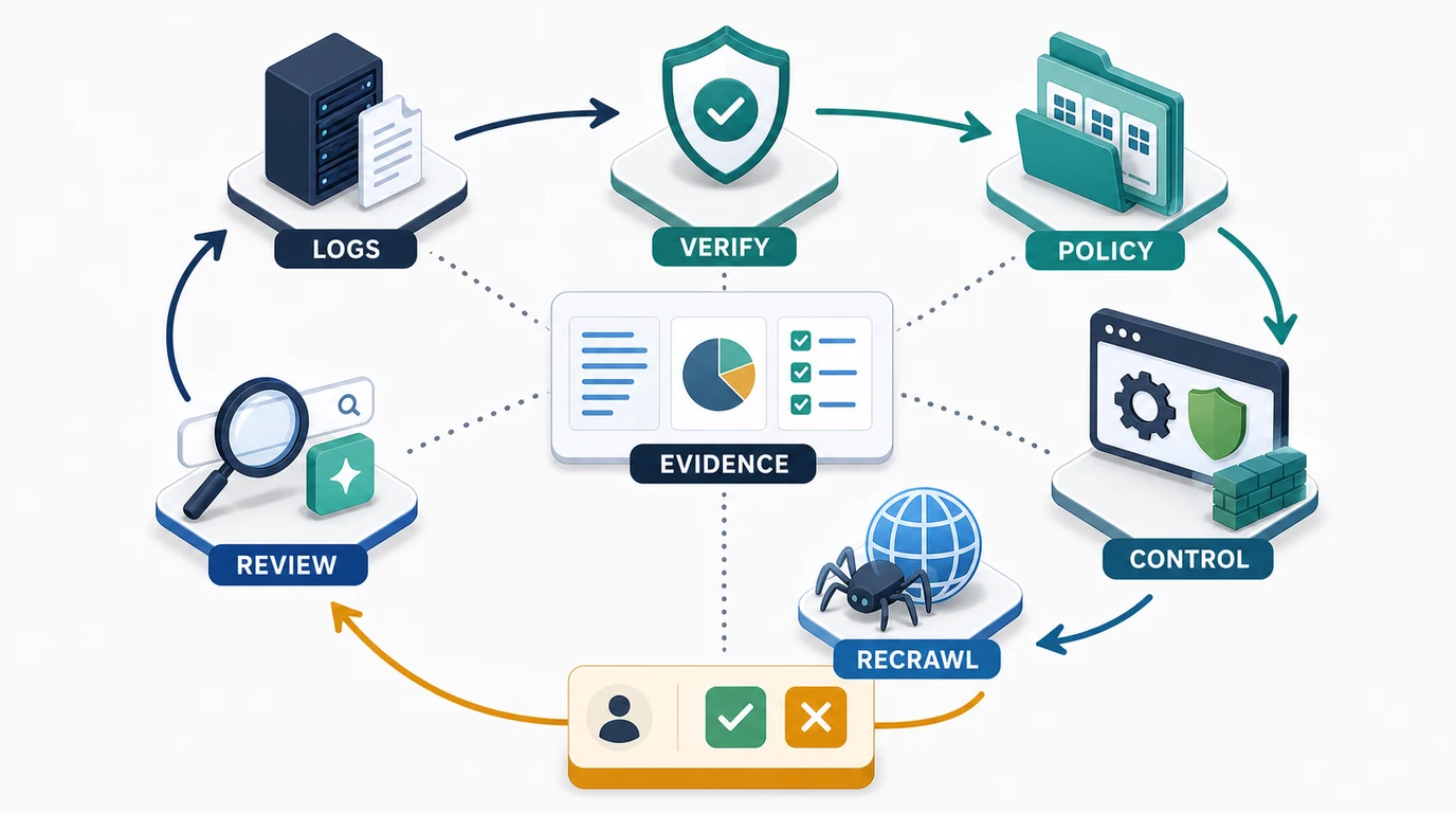 Bot access policy validation loop from logs and identity checks through policy controls, recrawl, review, and evidence