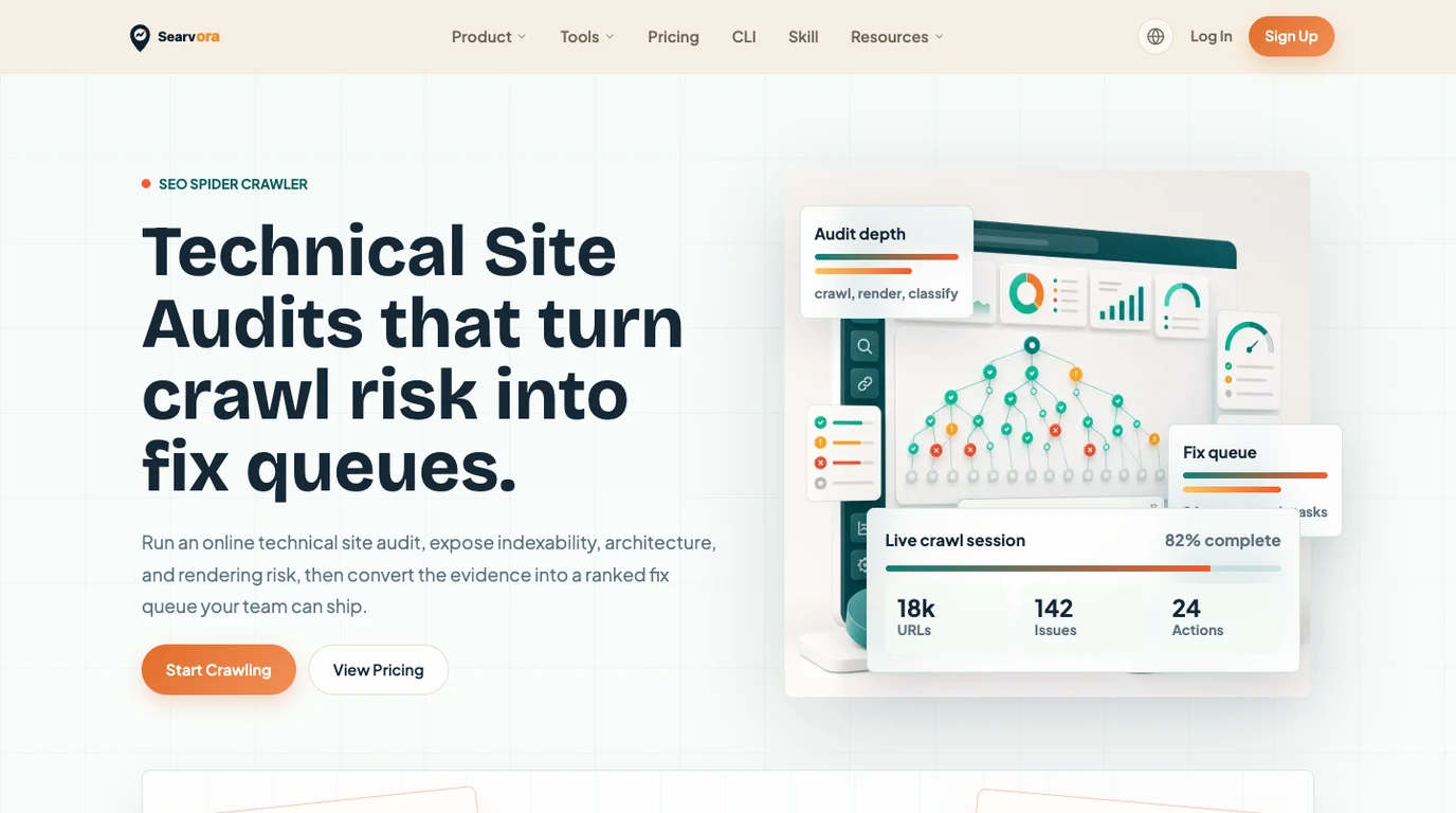 Public Searvora SEO Spider Crawler page showing crawl-risk diagnostics and an owner-ready fix queue
