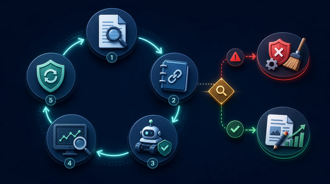 Evidence-led link monitoring loop from baseline and link ledger through crawl validation, performance review, and remediation