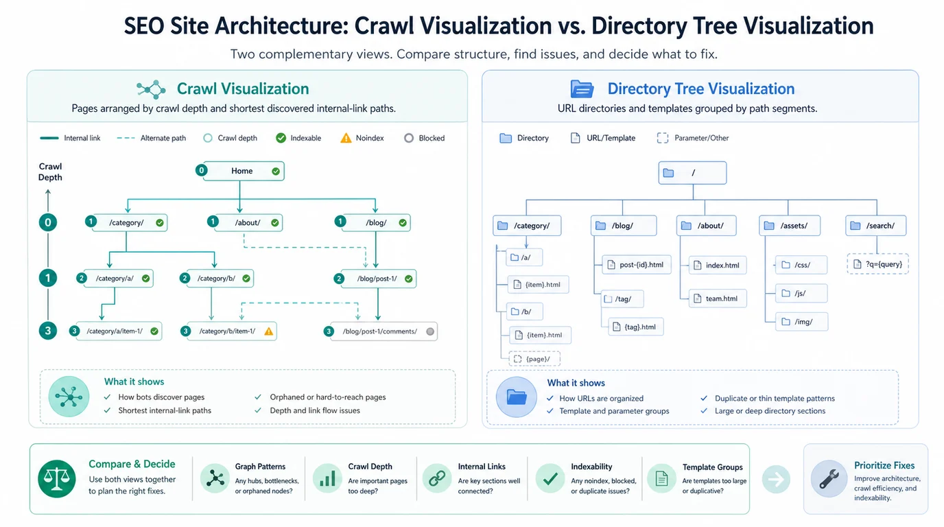 Comparison of crawl visualization and directory tree visualization for SEO site architecture audits
