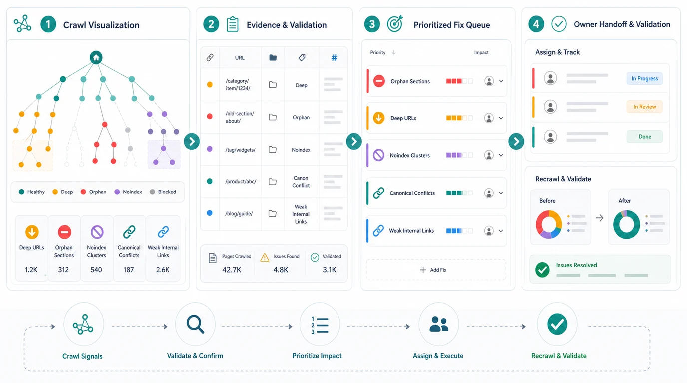 Workflow from crawl visualization signals to evidence validation, prioritized fixes, owner handoff, and recrawl proof