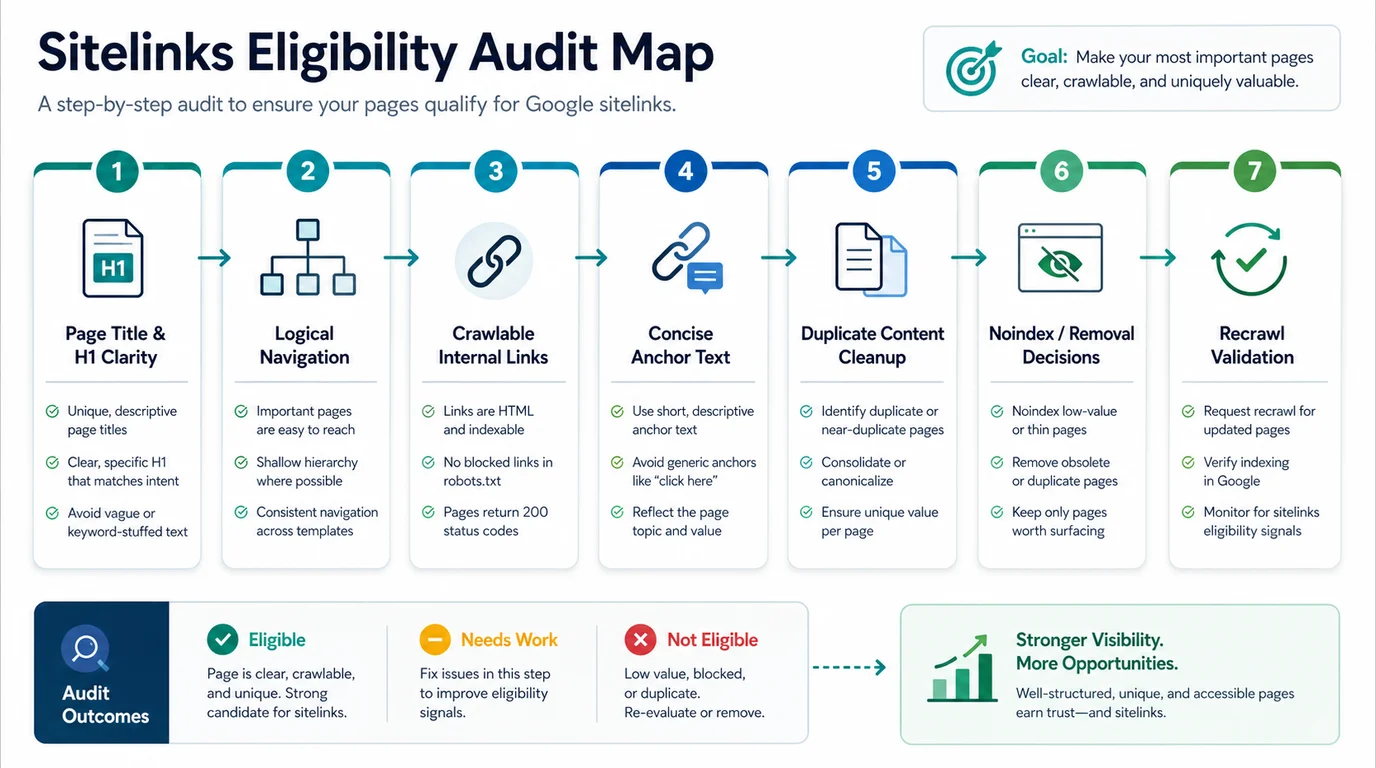 Sitelinks eligibility audit map for titles, navigation, internal links, duplicate cleanup, noindex choices, and recrawl validation