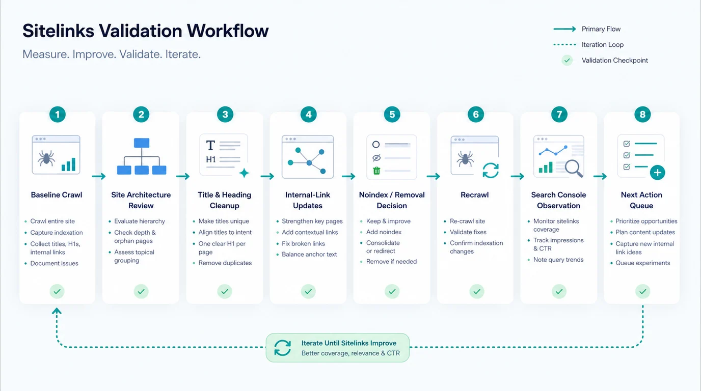 Sitelinks validation workflow from baseline crawl through architecture review, labels, internal links, noindex decisions, recrawl, Search Console observation, and next action queue