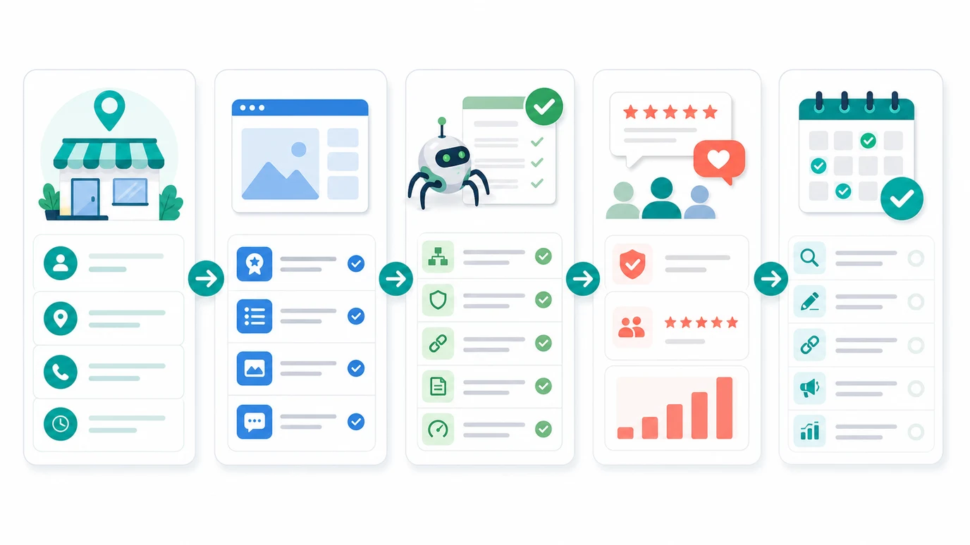 Small business SEO operating loop from business facts to service pages, crawl checks, trust signals, and weekly tasks