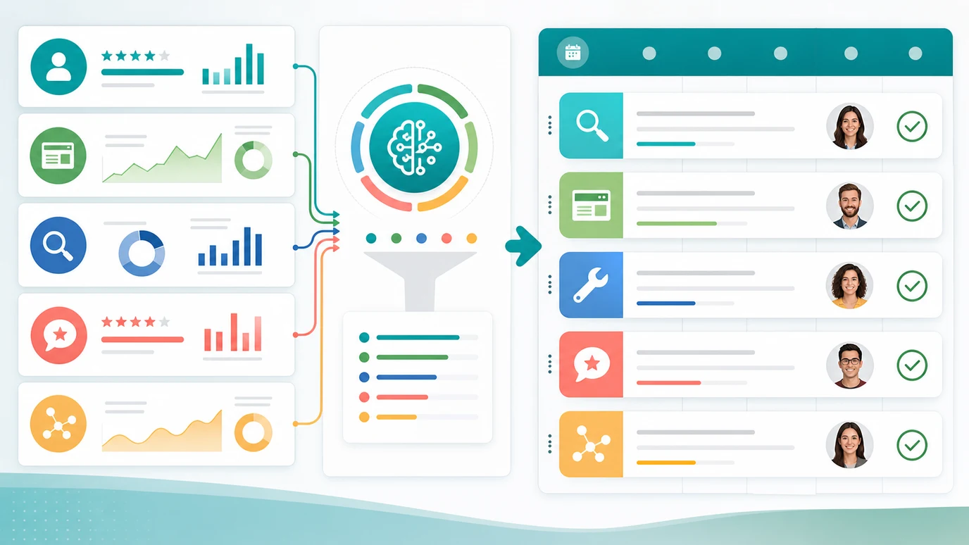 Small business SEO priority queue combining profile, service page, crawl, review, and AI visibility signals