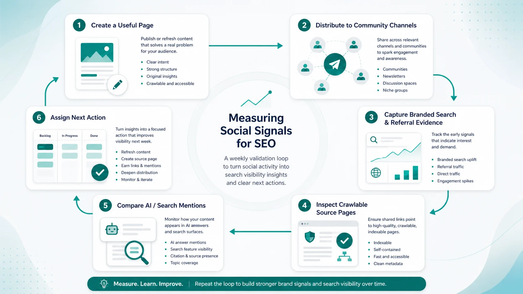 Weekly validation loop for measuring social signals, source pages, search visibility, and next SEO actions