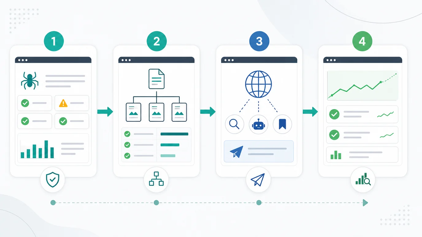 Search engine submission workflow from crawl checks to clean URLs, submission, and performance validation