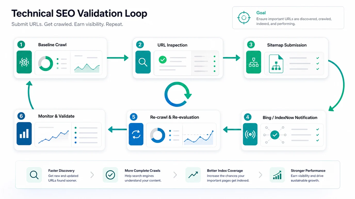 Technical SEO validation loop from baseline crawl through submission, recrawl, and monitoring