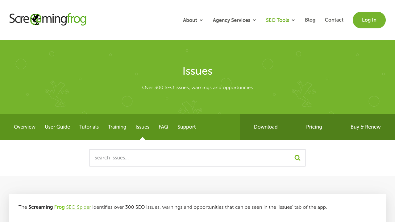 Public Screaming Frog Issues page showing separate issues, warnings, and opportunities categories