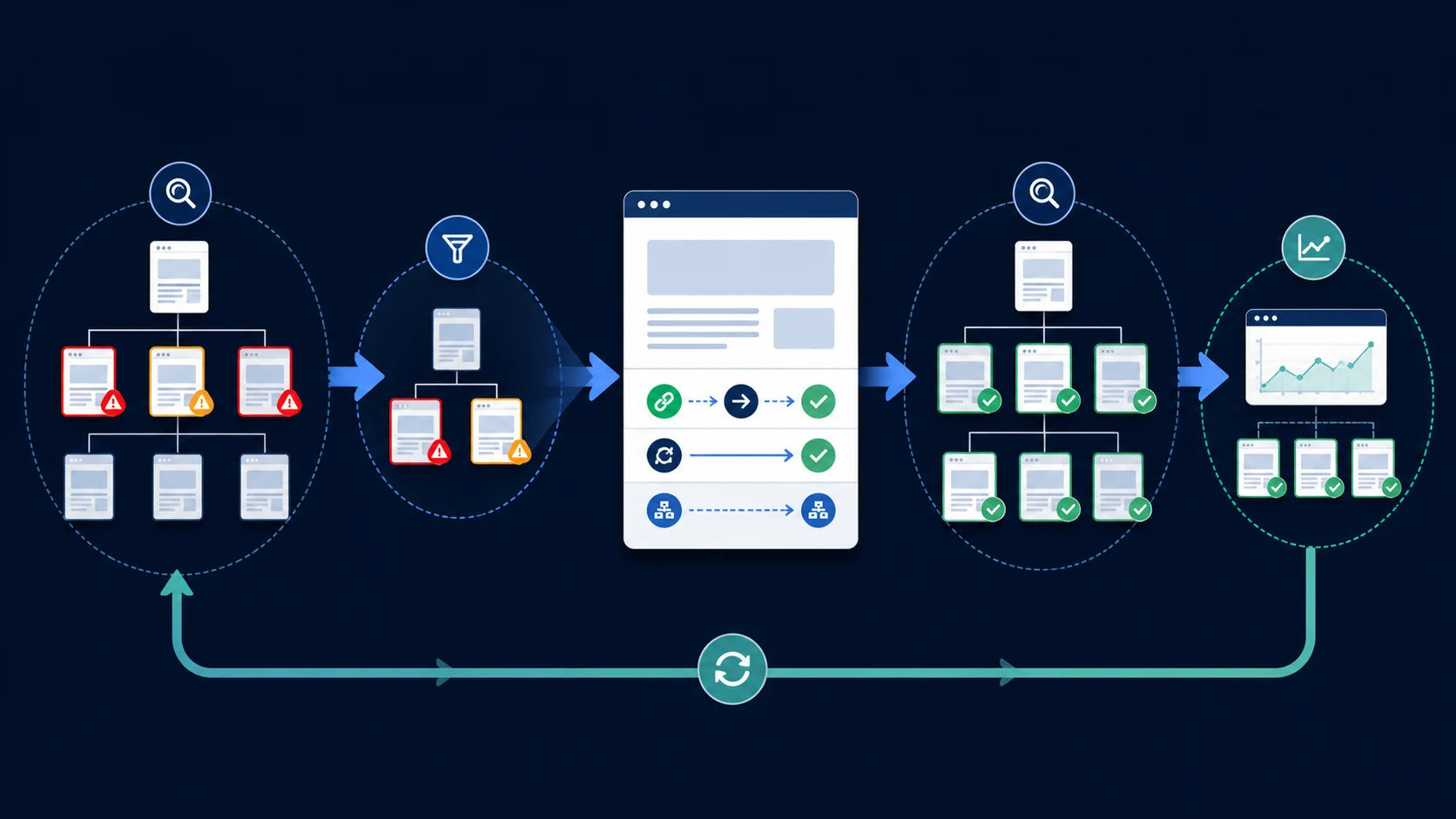 Technical SEO validation loop moving from a baseline issue set through repair to a verified crawl result and ongoing monitoring