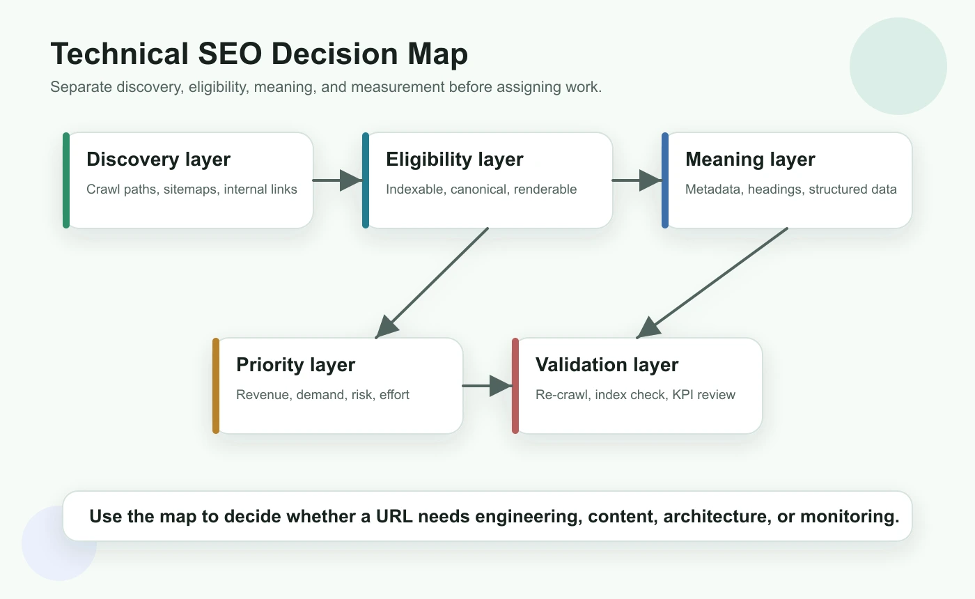 A technical SEO decision map separating discovery, eligibility, meaning, priority, and validation layers