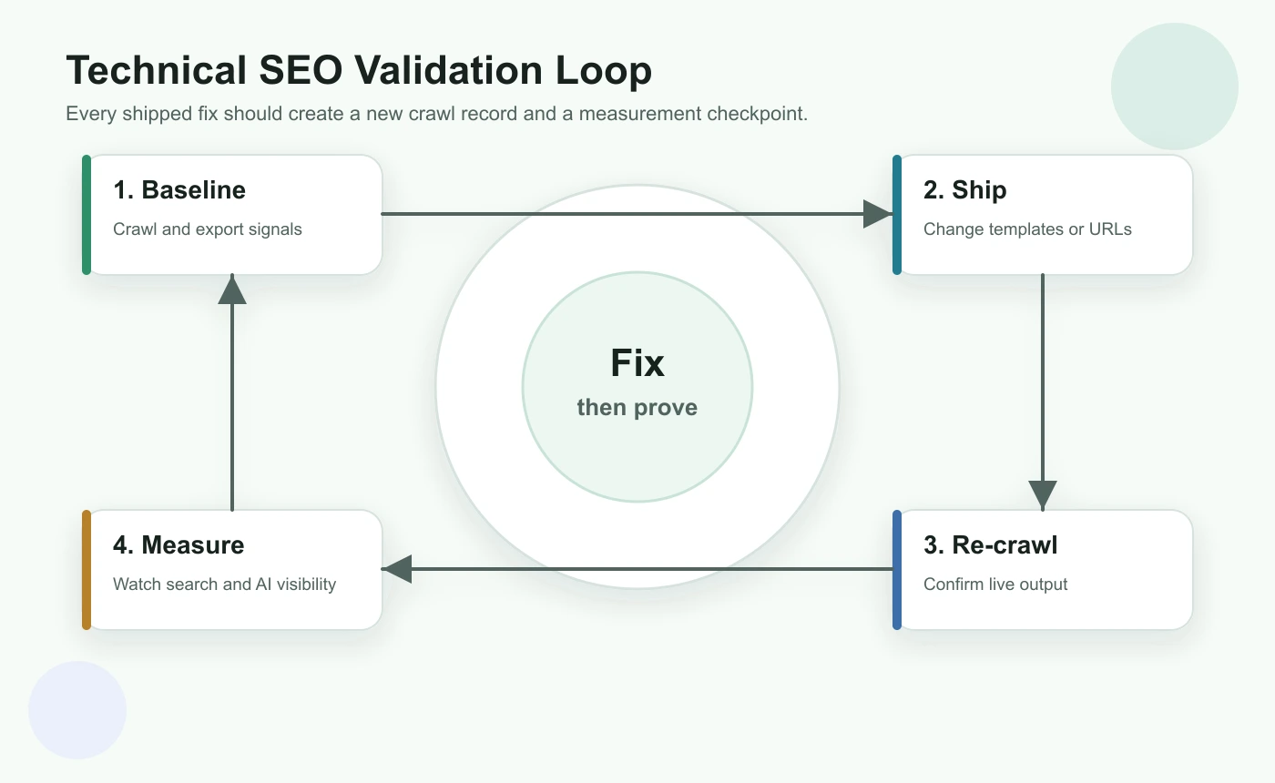 A technical SEO validation loop showing baseline crawl, ship, re-crawl, and measurement steps