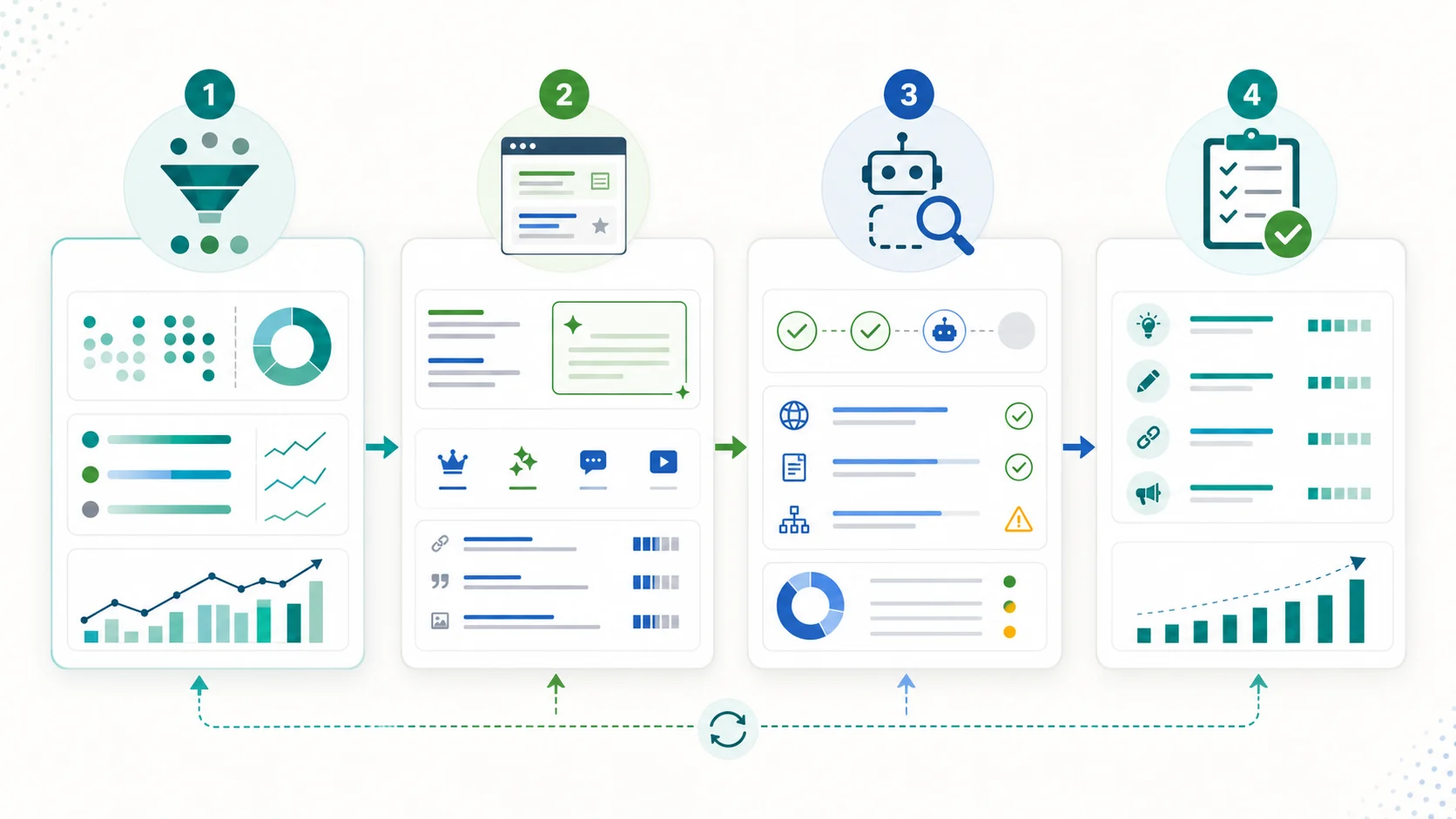 Four-step diagnostic flow for segmenting queries, checking SERP evidence, validating crawl eligibility, and assigning actions