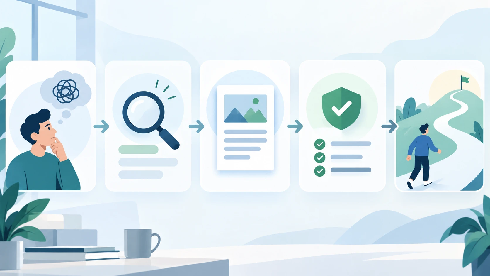Workflow from an audience problem to a discovery page, evidence, and next action
