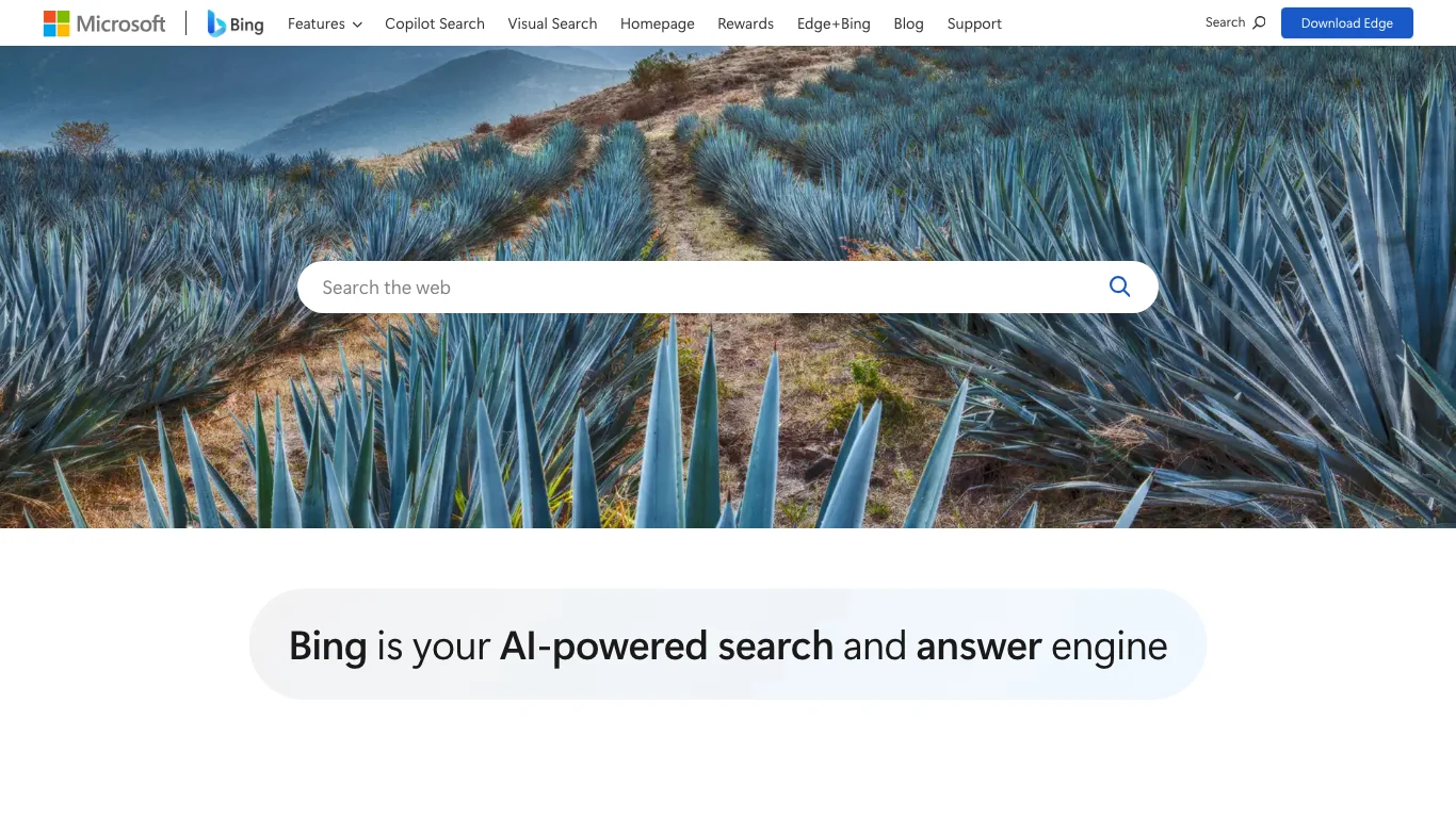 Official Microsoft Bing public page screenshot showing AI-powered search positioning