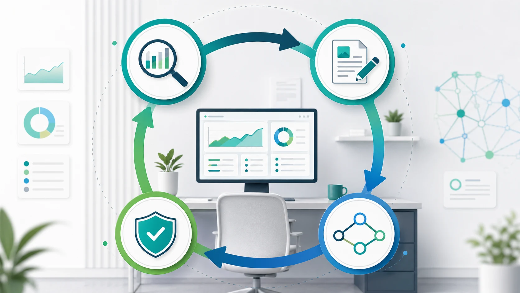 Topical authority maintenance loop showing monitoring, page refreshes, internal linking, and validation around an SEO dashboard workspace