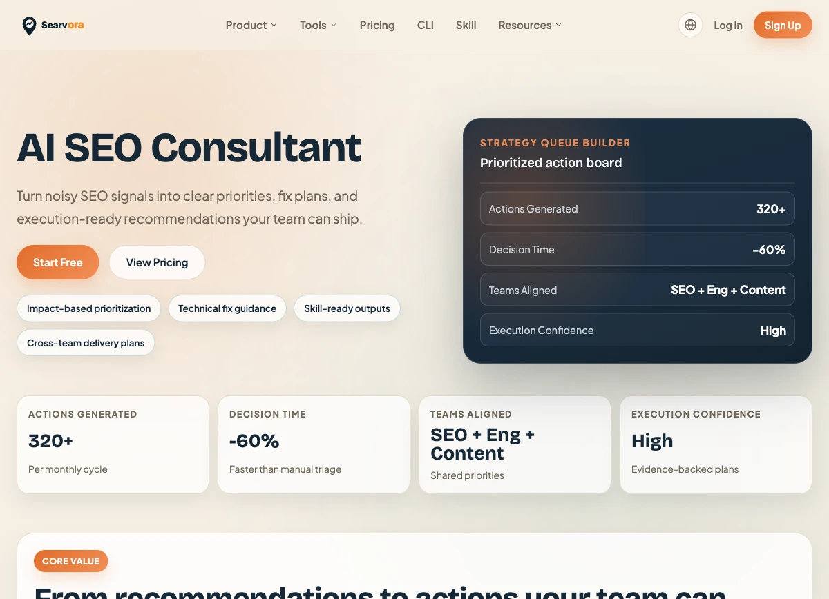 Public Searvora AI SEO Consultant page showing prioritization and action-planning workflow