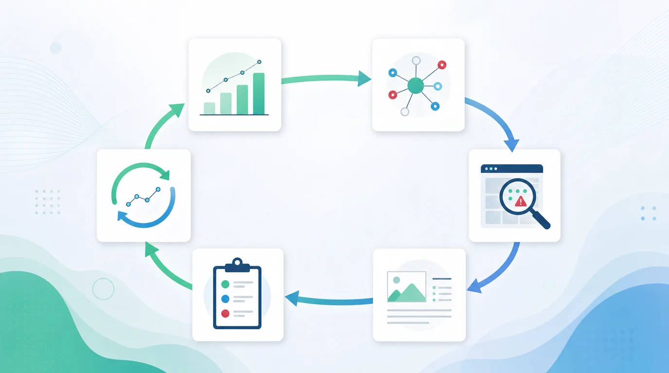 Backlink risk monitoring loop with baseline evidence, pattern review, crawl checks, content context, decision record, and reassessment