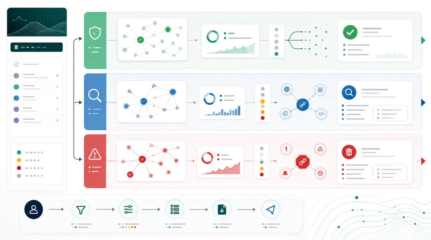 Toxic backlinks triage map separating harmless spam noise, patterns to investigate, and last-resort action candidates