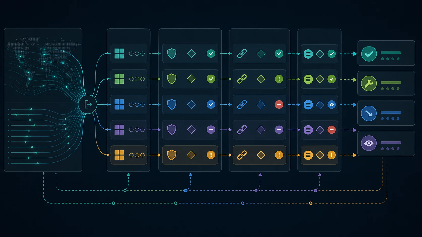Decision map for AI bot activity at the CDN edge, branching URL groups into allow, fix, reduce, and watch outcomes